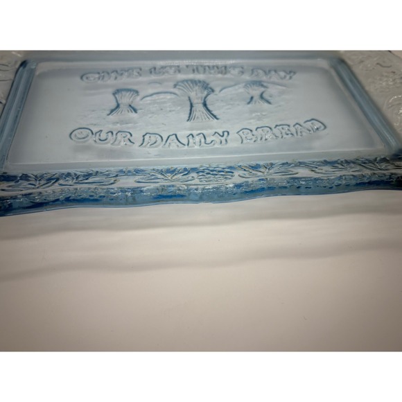 Glass Plate Crystal Blue Tray Give Us This Day Our Daily Bread 10.5"L x 7"W - Picture 2 of 6